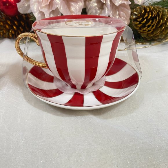 Grace Teaware Fine Porcelain Holiday Red Gold WH Stripe Tea Cups & Saucers 4PC - Picture 5 of 9
